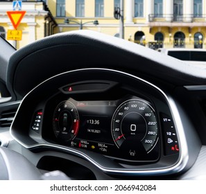 Close Up Shot Of A Fully Digital Dashboard. Car Digital Dashboard. Dashboard Details With Indication Lamps. Car Instrument Panel. Modern Car Interior Details.