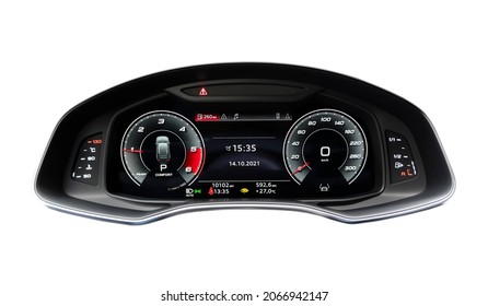 Close Up Shot Of A Fully Digital Speedometer Isolated On White Background. Car Digital Dashboard. Dashboard Details With Indication Lamps. Car Instrument Panel. Modern Car Dashboard 