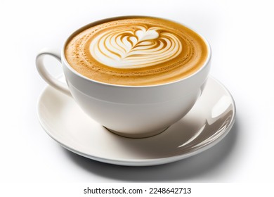 Close up shot of hot latte coffee with latte art in a ceramic white cup and saucer on white background with clipping path.