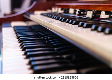 Close Up Shot Of The Keys And Draw Bars On A Hammond B3 Organ In A Recording Studio.