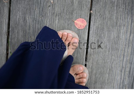 Close up shot of leaf, feet and woman who is standing on the wood floor.