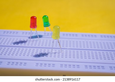 close up shot of light emitting diode or LED on a electronic breadboard. 