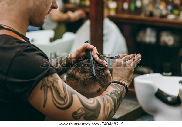 Close Shot Man Getting Trendy Haircut Stock Photo Edit Now 740468215