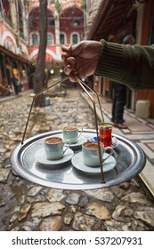 Close Up Shot Of Man Holding  Tea Tray