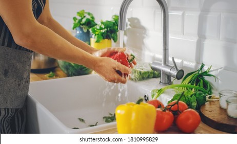 Close Up Shot of a Man Washing Tomatoes with Tap Water. Authentic Stylish Kitchen with Healthy Vegetables. Natural Clean Products from Organic Farming Washed by Hand. - Powered by Shutterstock