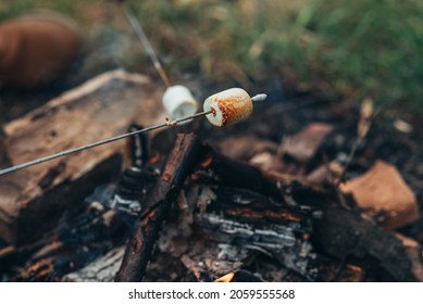 Close Shot Of A Marshmallow Above The Camp Fire