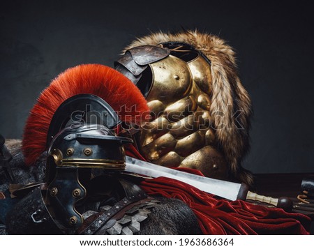 Close up shot of military roman armor and helmet