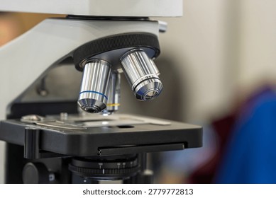 close up shot of optical microscope in laboratory