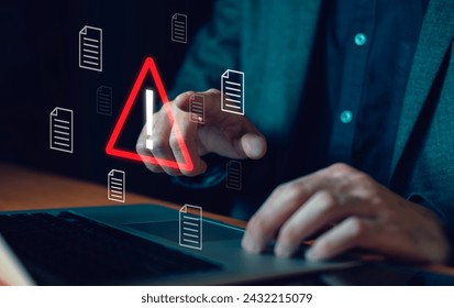 Close up shot of people point to access to personal data and document with warning sign as concept of data breach or attack from hacker or spyware. Data security concept.