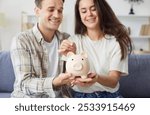 Close up shot of piggy bank in the hands of a young married couple. Man and woman sitting on the couch, putting a coin into the piggy bank. Savings for future, dream or a new home. Blurred background.