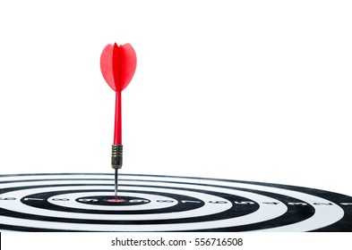 Close up shot red dart arrow on center of dartboard, metaphor to target success, winner concept, Isolated on white background with clipping path - Shutterstock ID 556716508