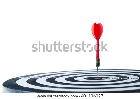 Close up shot red dart arrow on center of dartboard, metaphor to target success, winner concept, Isolated on white background with clipping path