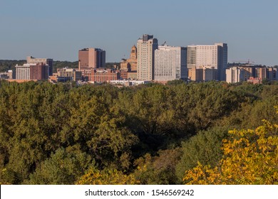 A Close Up Shot Of The Rochester, Minnesota Skyline During An Early Fall Morning As Seen From Quarry Hill Park