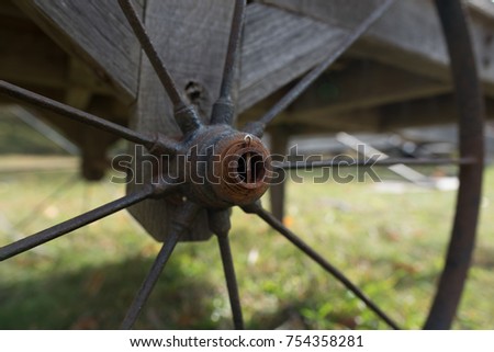 Up close shot of a rustic wagon wheel on the Blue Ridge Parkway in Virginia.
