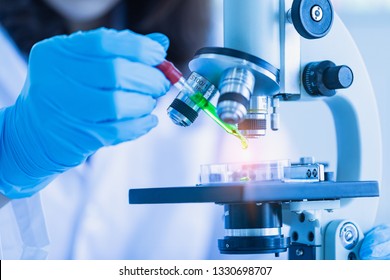 Close up shot of scientist dropping some green liquid from dropper to petri dish on microscope, she conducted this experiment to find new experimental results.