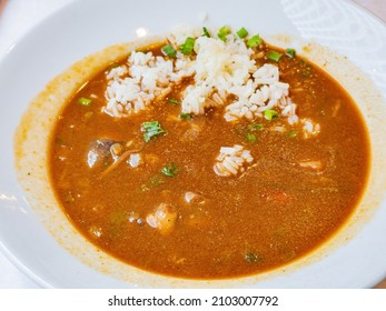 Close Up Shot Of Seafood Gumbo Rice At New Orleans, Louisiana