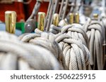 Close up shot of sheet ropes, on board tall ship Cuauhtemoc, 2023 Armada festival in ROUEN, NORMANDY, FRANCE