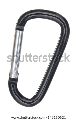 close up shot of silver and black D-shaped aluminum carabiner isolated on a white background