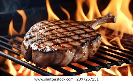 Close up shot of sizzling pork chop on a outdoor grill, showing flames, very detailed, intricate, isolated, deliciously looking.