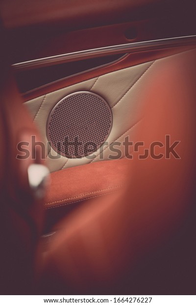 Close up shot of some speakers inside a modern\
luxury car.