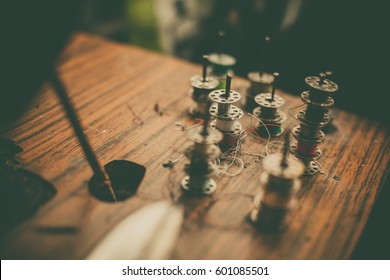 Close up shot of some spools in a tailor shop.