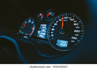 Close up shot of a speedometer in a car. Car dashboard with details with indication lamps and instrument panel. Modern interior.