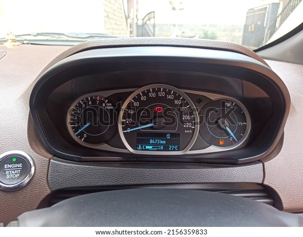 Close
up shot of a speedometer in a car. Car dashboard. Dashboard details
with indication lamps. Car instrument panel. Dashboard with
speedometer, tachometer, odometer. Car
detailing.