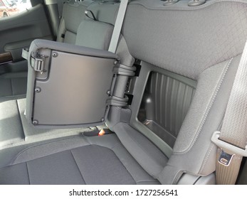 Close Up Shot Of A Storage Bin In The Back Seat Of A New Pickup Truck