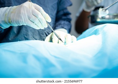 Close Up Shot Surgeon Hands Cutting Skin Of Patient Using Scalpel At Hospital Theatre - Concept Of Medical Treatment