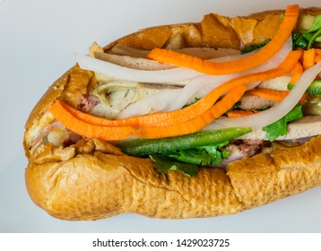 Close Up Shot Of A Traditional Banh Mi Sandwich. Banh Mi Sandwiches Came From The Influence Of The French Colonization..