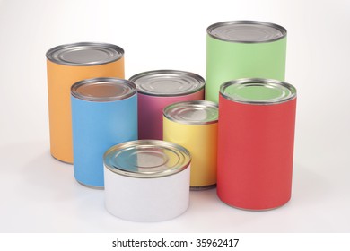 Close up shot of various tin cans with plain colored labels - Shutterstock ID 35962417