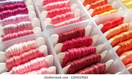 Close Up Shot Of Vibrant Colorful Embroidery Floss Cross Stitch String Kit Prewound On Bobbins For Crafts And Hobbies