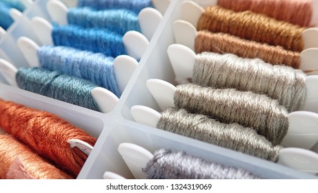 Close Up Shot Of Vibrant Colorful Embroidery Floss Cross Stitch String Kit Prewound On Bobbins For Crafts And Hobbies