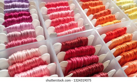 Close Up Shot Of Vibrant Colorful Embroidery Floss Cross Stitch String Kit Prewound On Bobbins For Crafts And Hobbies