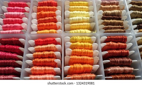 Close Up Shot Of Vibrant Colorful Embroidery Floss Cross Stitch String Kit Prewound On Bobbins For Crafts And Hobbies