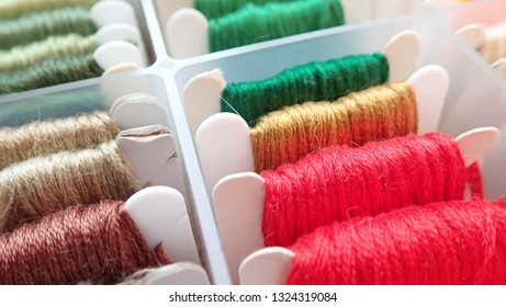 Close Up Shot Of Vibrant Colorful Embroidery Floss Cross Stitch String Kit Prewound On Bobbins For Crafts And Hobbies