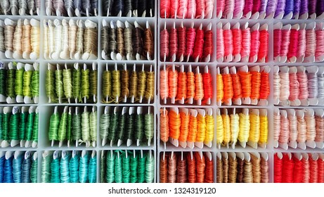 Close Up Shot Of Vibrant Colorful Embroidery Floss Cross Stitch String Kit Prewound On Bobbins For Crafts And Hobbies