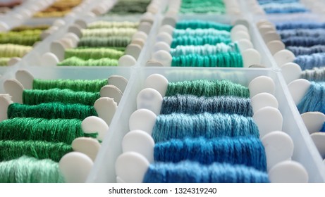 Close Up Shot Of Vibrant Colorful Embroidery Floss Cross Stitch String Kit Prewound On Bobbins For Crafts And Hobbies