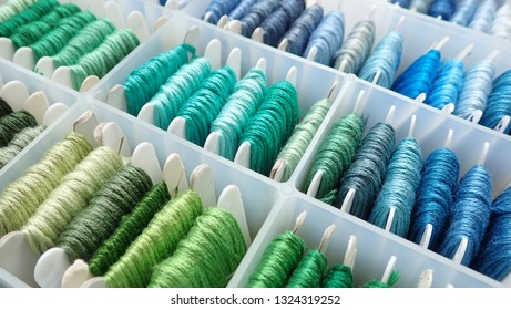 Close Up Shot Of Vibrant Colorful Embroidery Floss Cross Stitch String Kit Prewound On Bobbins For Crafts And Hobbies