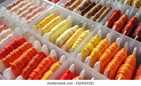 Close Up Shot Of Vibrant Colorful Embroidery Floss Cross Stitch String Kit Prewound On Bobbins For Crafts And Hobbies