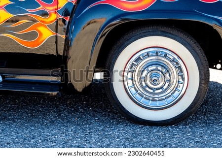Close up shot of whitewall tires on a hot rod in Mesquite, NV 