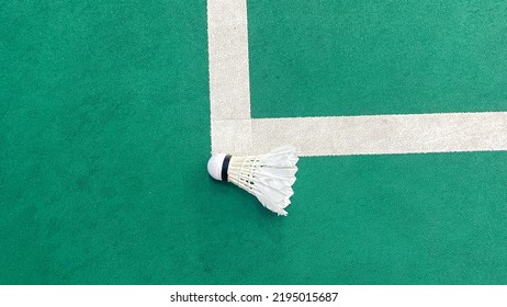 Close Up Of The Shuttlecock Above The Green Badminton Court Line. The Shuttlecock Hit The Line Means The Opposite Team Get Points