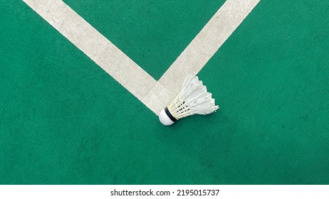 Close Up Of The Shuttlecock Above The Green Badminton Court Line. The Shuttlecock Hit The Line Means The Opposite Team Get Points