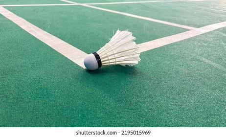 Close Up Of The Shuttlecock Above The Green Badminton Court Line. The Shuttlecock Hit The Line Means The Opposite Team Get Points