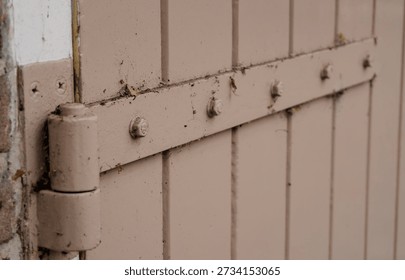 Close up side angle view of a heavy duty metal hinge and horizontal bolt plate on a painted wooden door with vertical panels