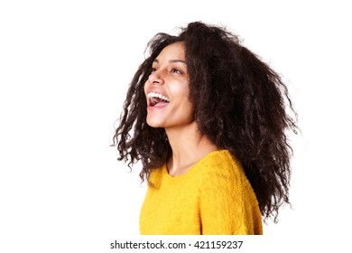 Close Up Side Portrait Of Beautiful Young Woman Laughing On White Background