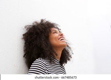 Close Up Side Portrait Of Happy African American Woman Laughing