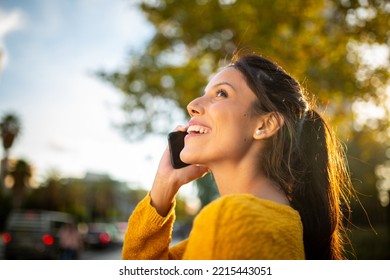 Close Up Side Portrait Happy Woman Talking With Mobile Phone