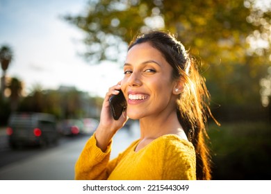 Close Up Side Portrait Smiling Woman Talking With Mobile Phone