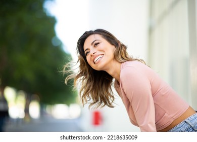 Close Up Side Portrait Smiling Young Woman Looking Away